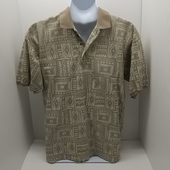 Bugle Boy Co. men's vintage short sleeve polo shirt large browns geometric print - Picture 1 of 12